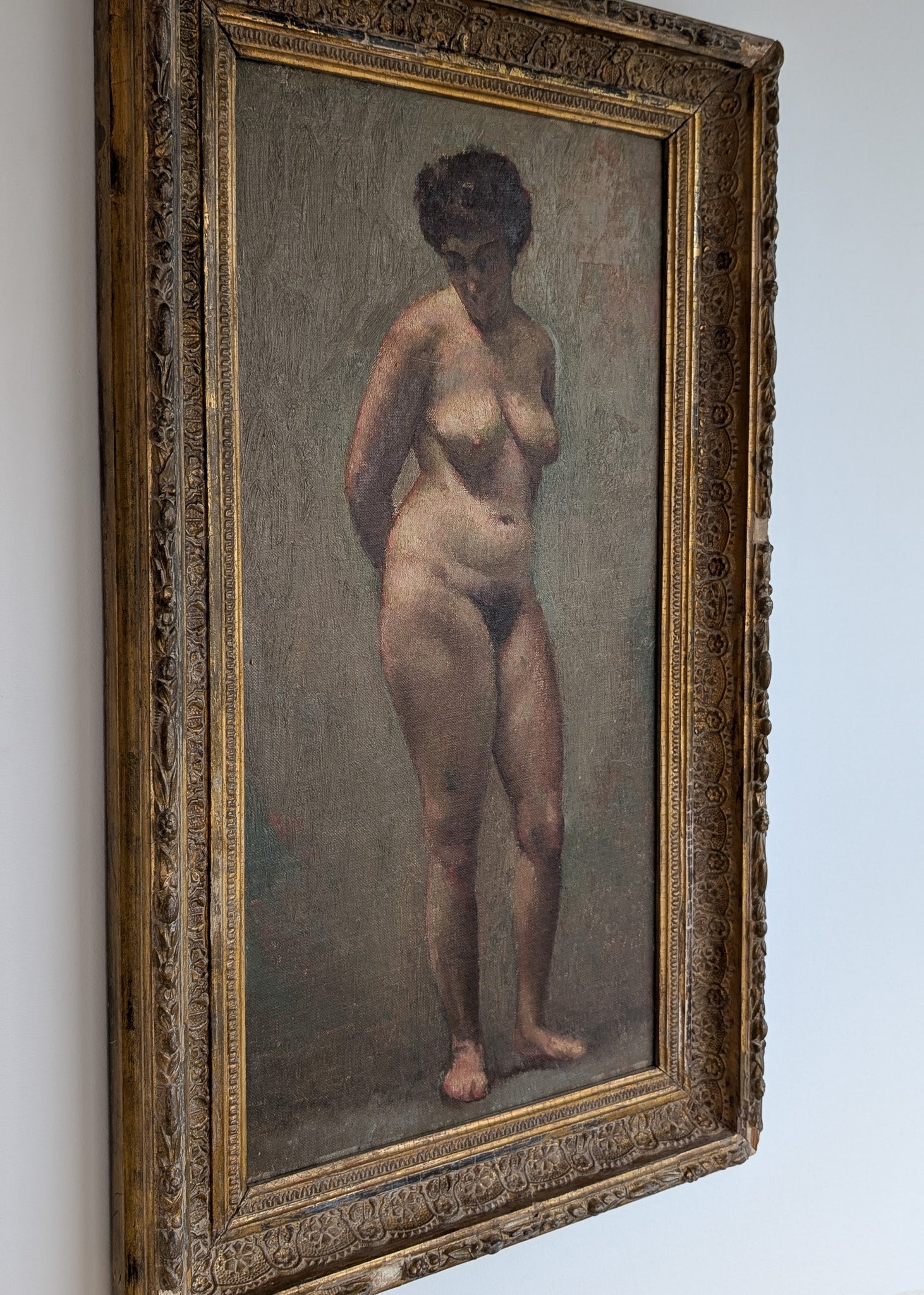 Unsigned Original Charles W. Bentz Nude Female Oil Portrait Painting in Gilded Frame