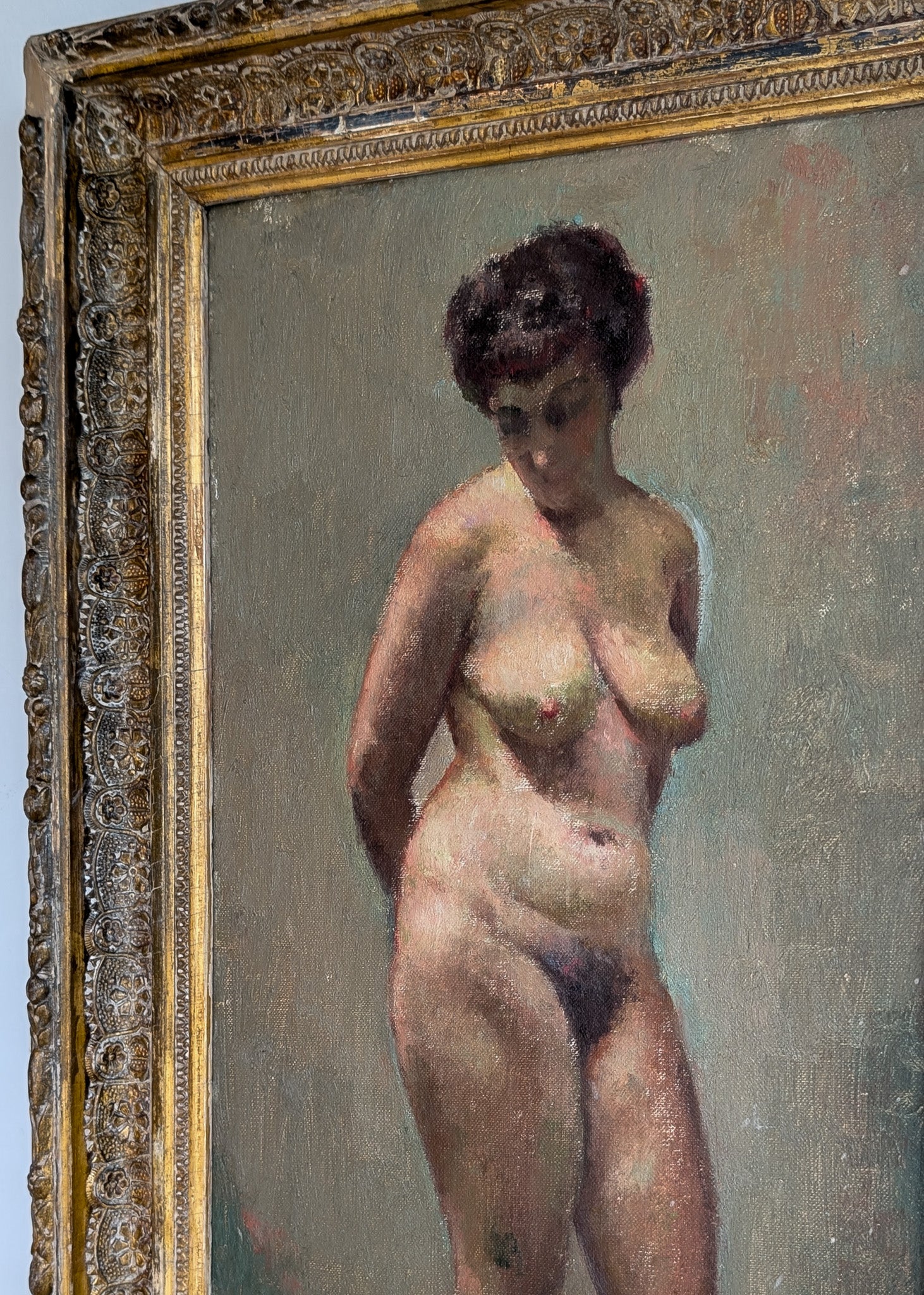 Unsigned Original Charles W. Bentz Nude Female Oil Portrait Painting in Gilded Frame