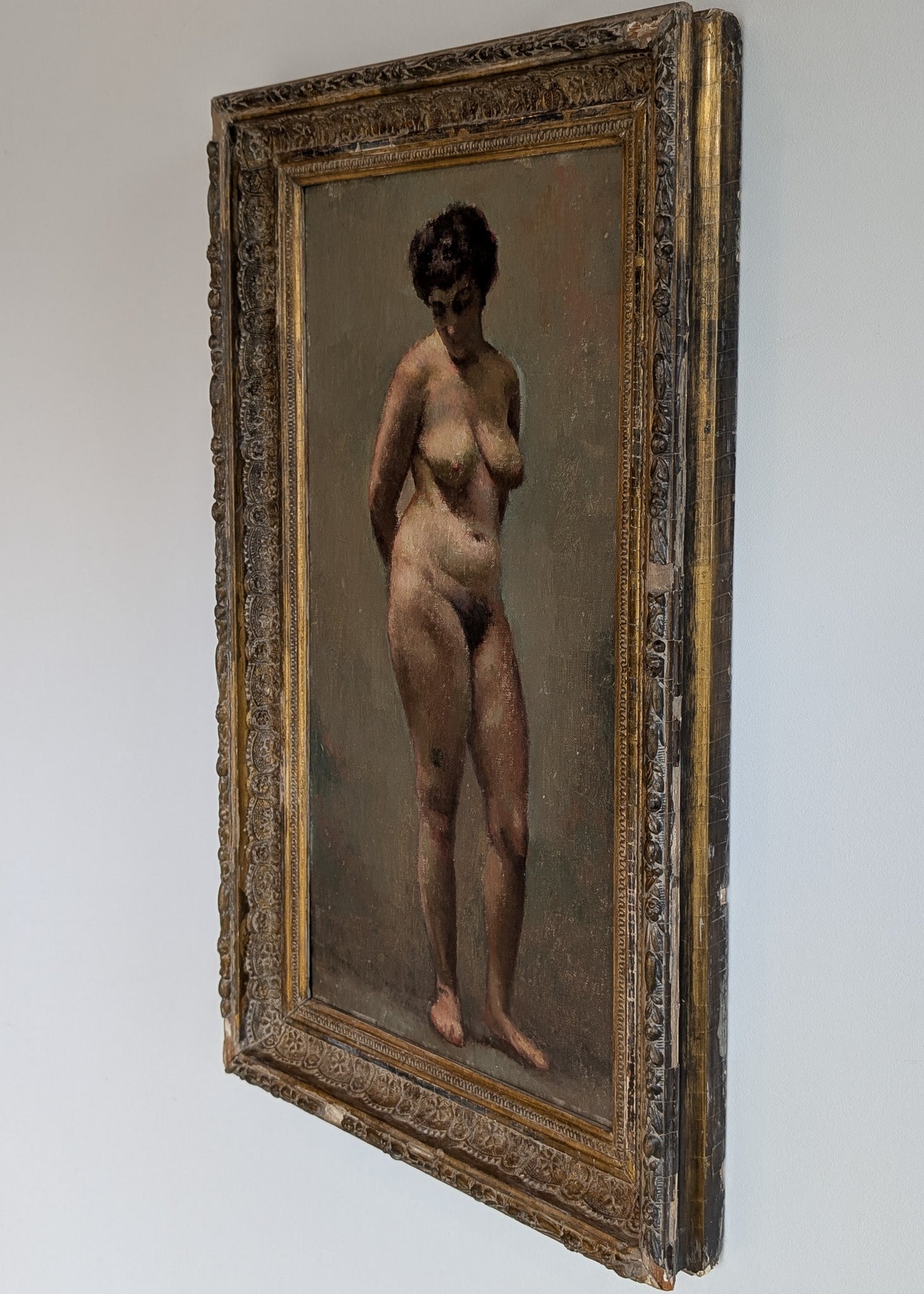 Unsigned Original Charles W. Bentz Nude Female Oil Portrait Painting in Gilded Frame
