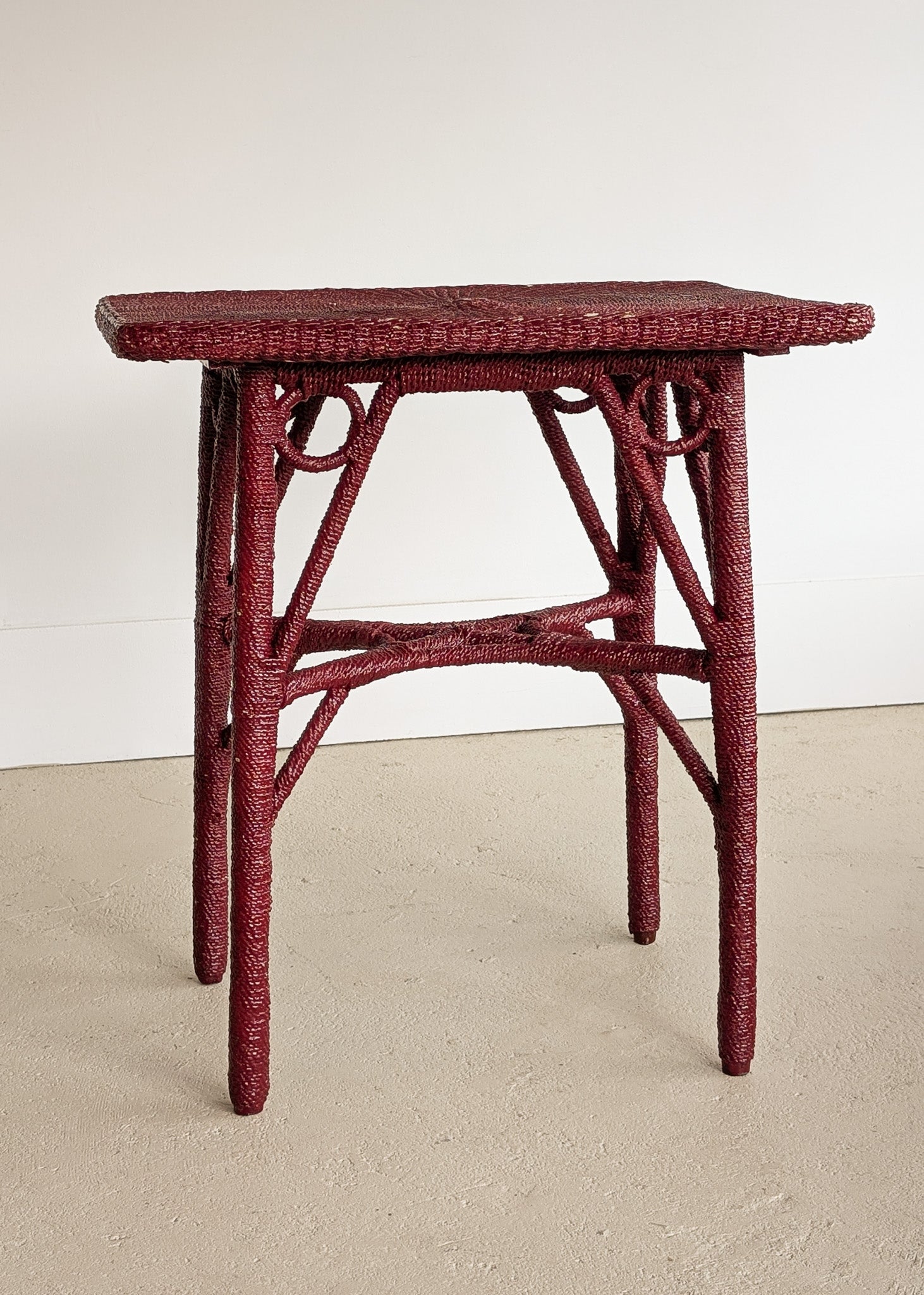 Unique Antique Raspberry-Red Painted Rope and Wicker Side Accent Table