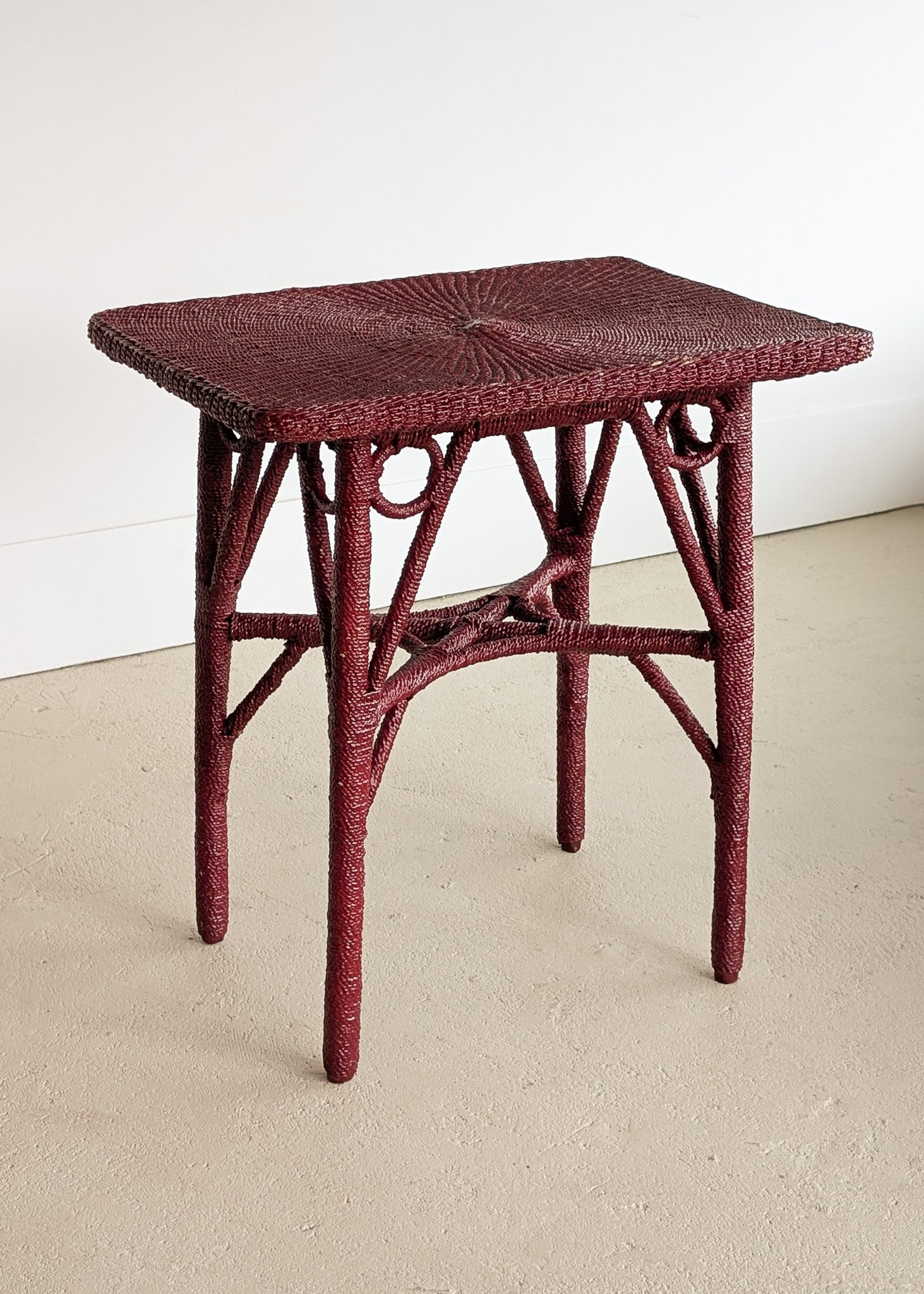 Unique Antique Raspberry-Red Painted Rope and Wicker Side Accent Table