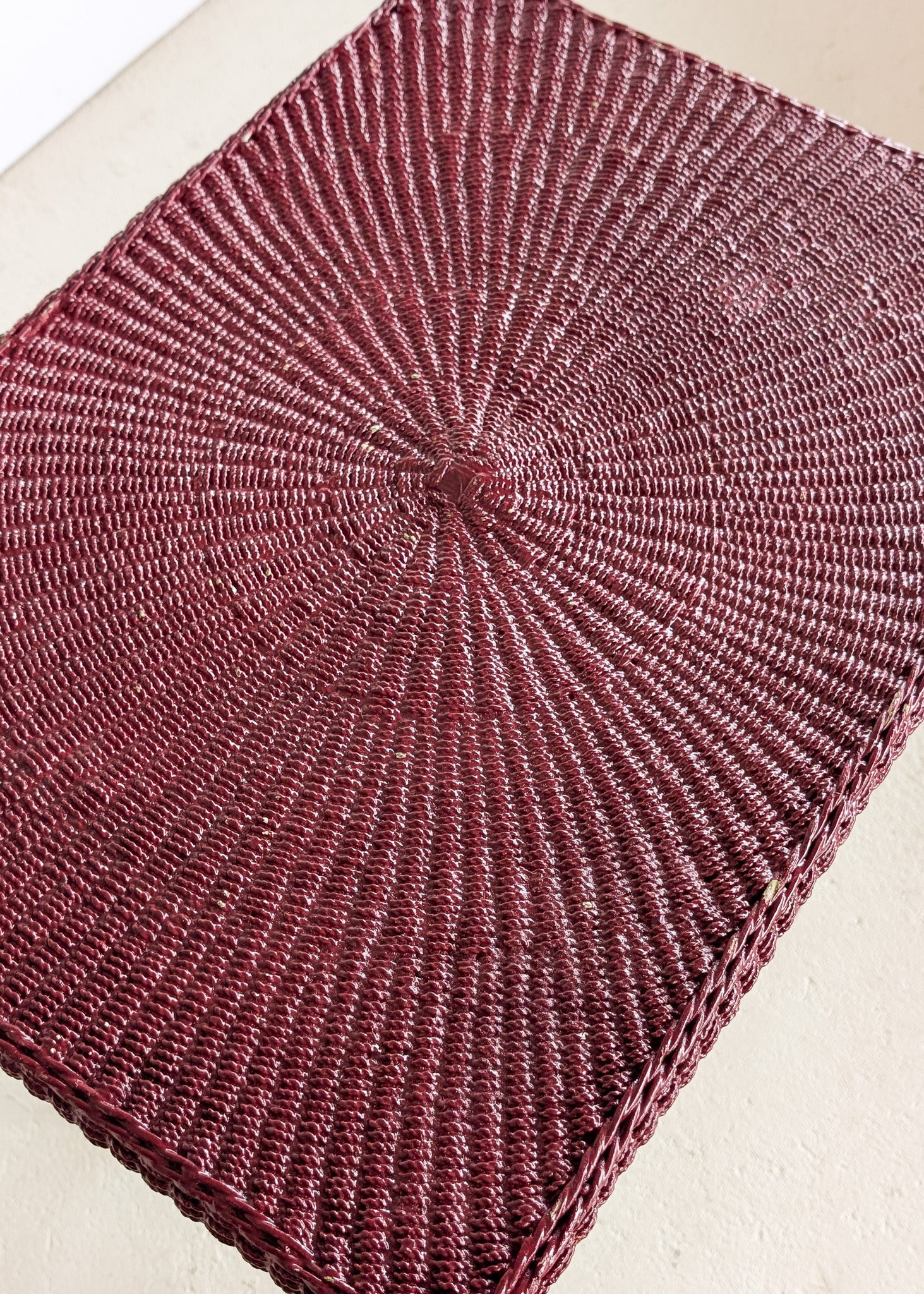 Unique Antique Raspberry-Red Painted Rope and Wicker Side Accent Table
