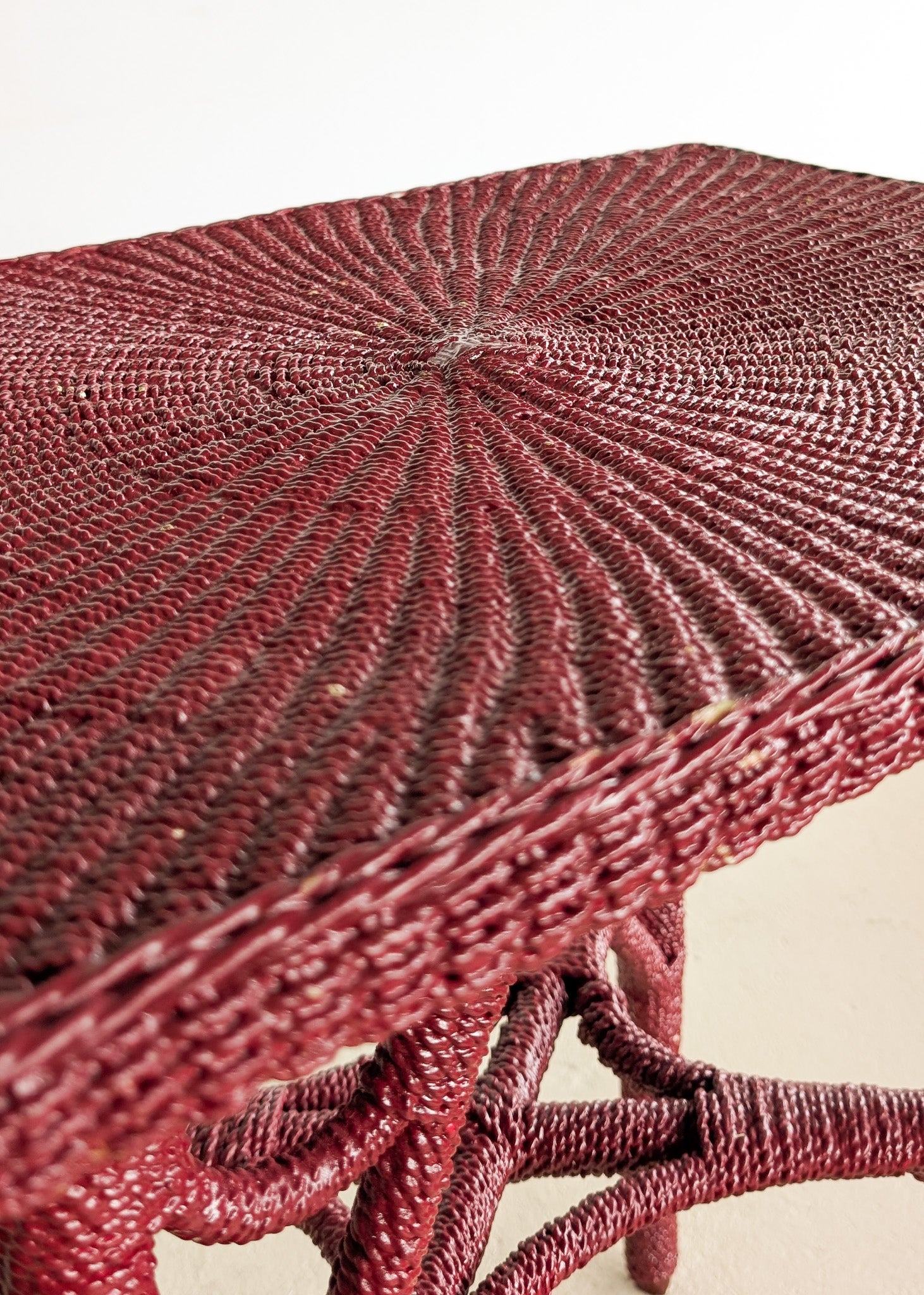 Unique Antique Raspberry-Red Painted Rope and Wicker Side Accent Table