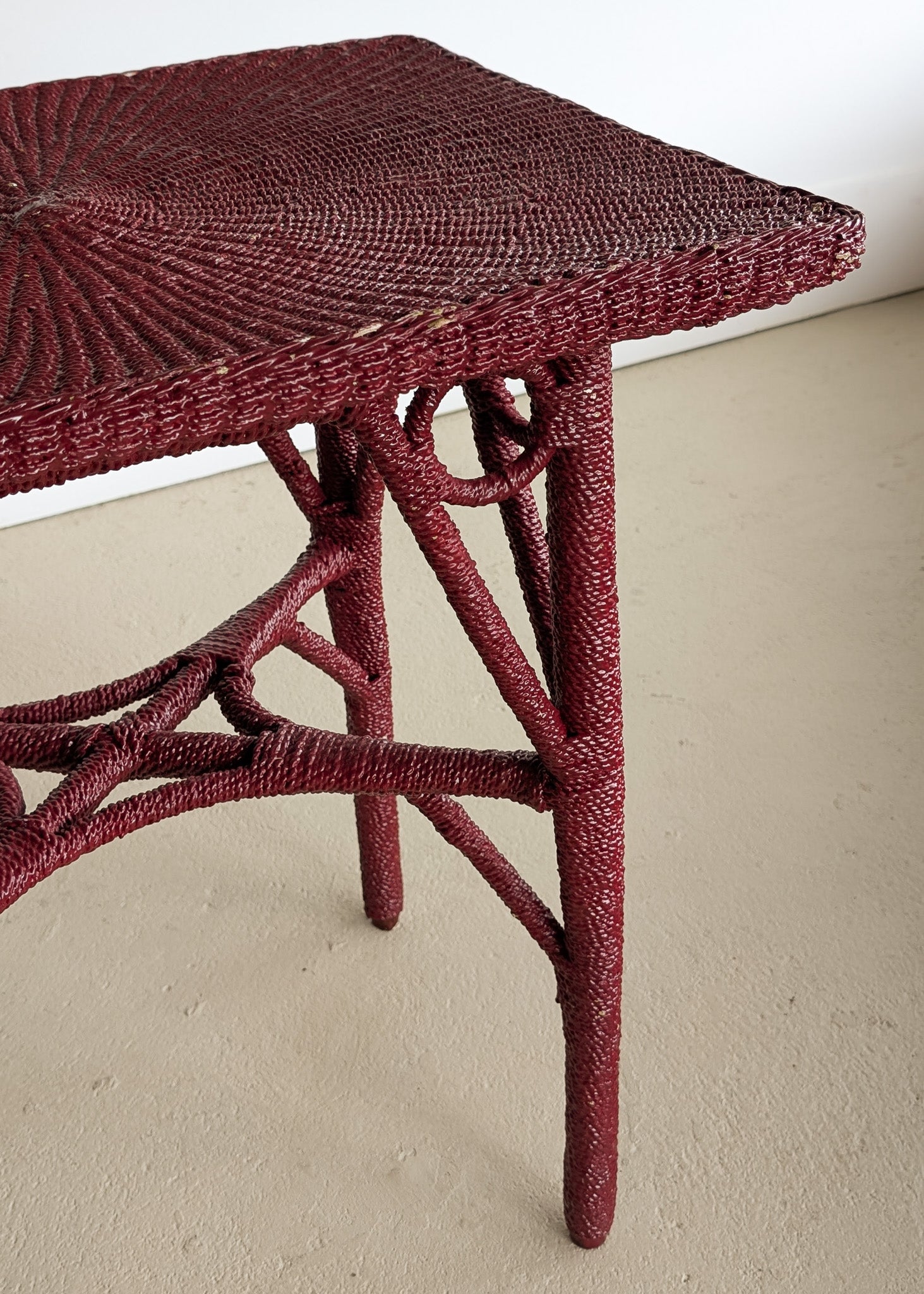 Unique Antique Raspberry-Red Painted Rope and Wicker Side Accent Table