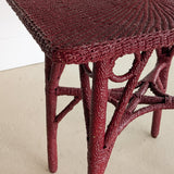 Unique Antique Raspberry-Red Painted Rope and Wicker Side Accent Table