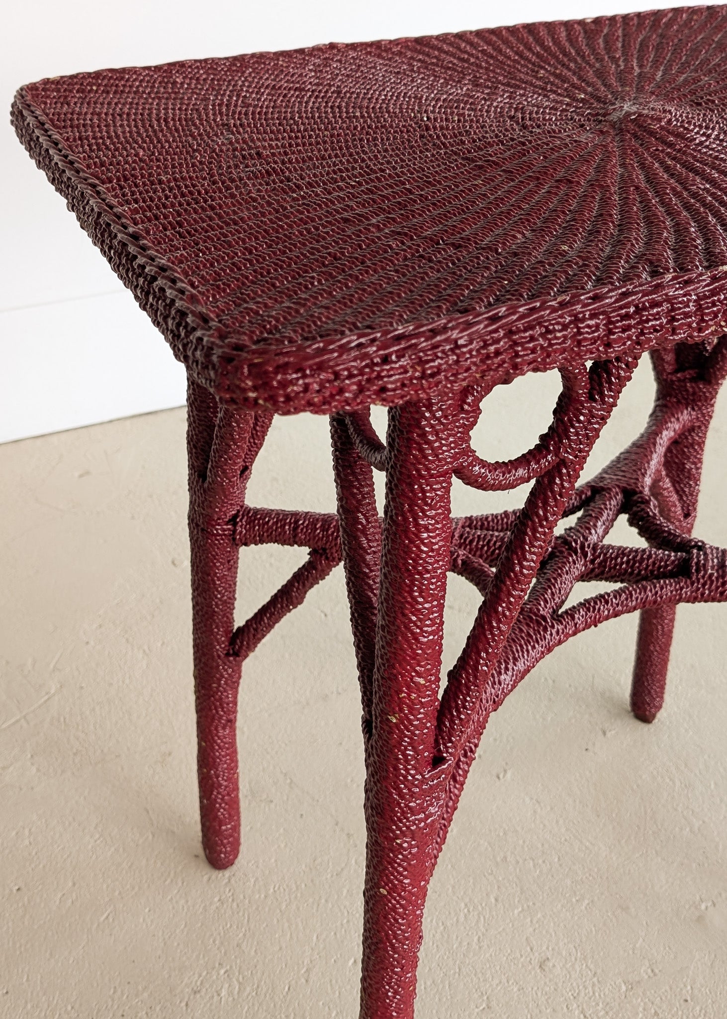 Unique Antique Raspberry-Red Painted Rope and Wicker Side Accent Table