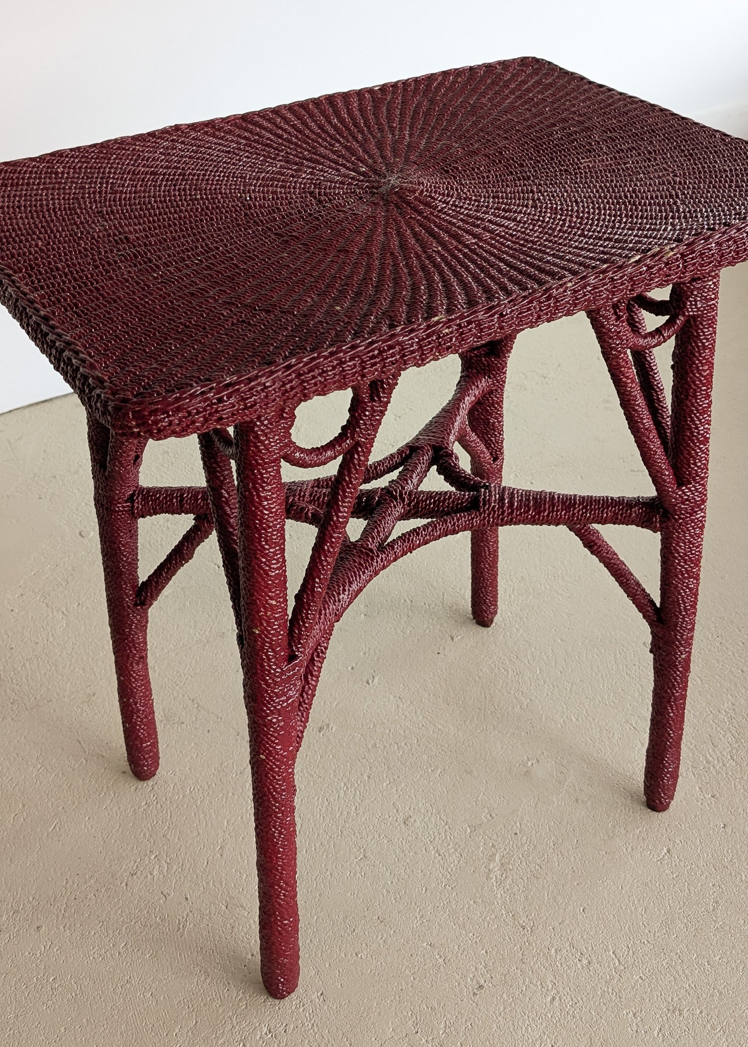 Unique Antique Raspberry-Red Painted Rope and Wicker Side Accent Table
