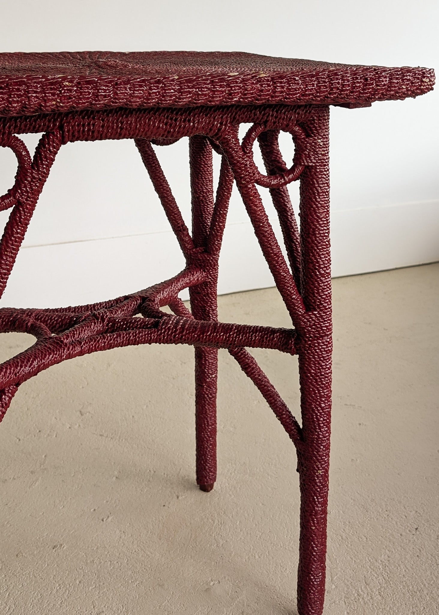 Unique Antique Raspberry-Red Painted Rope and Wicker Side Accent Table