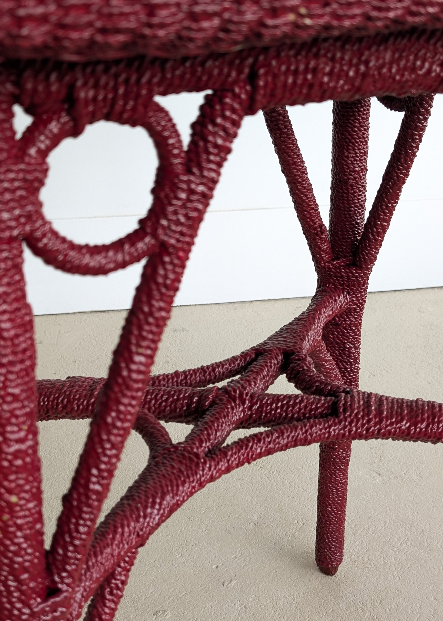 Unique Antique Raspberry-Red Painted Rope and Wicker Side Accent Table