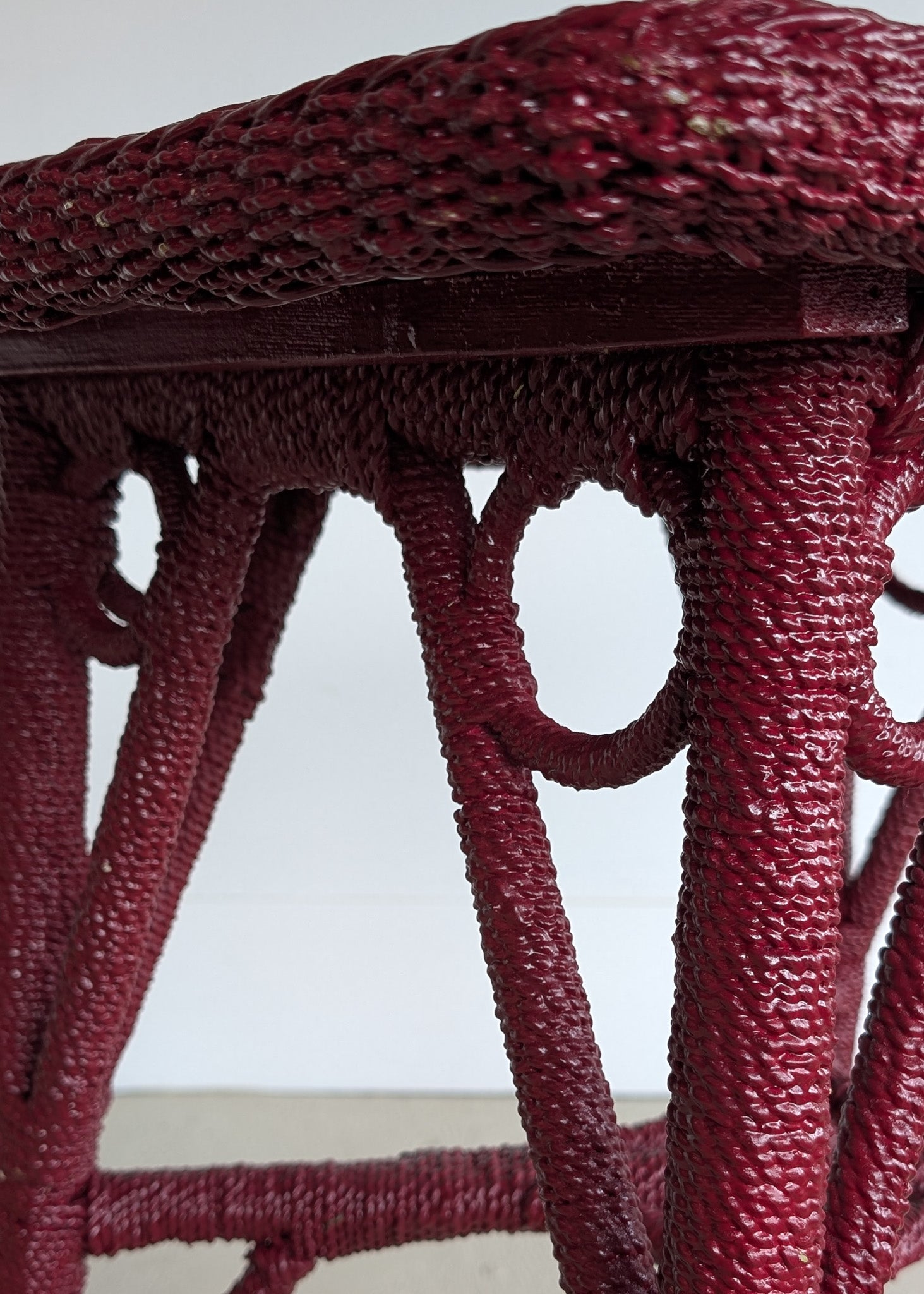 Unique Antique Raspberry-Red Painted Rope and Wicker Side Accent Table