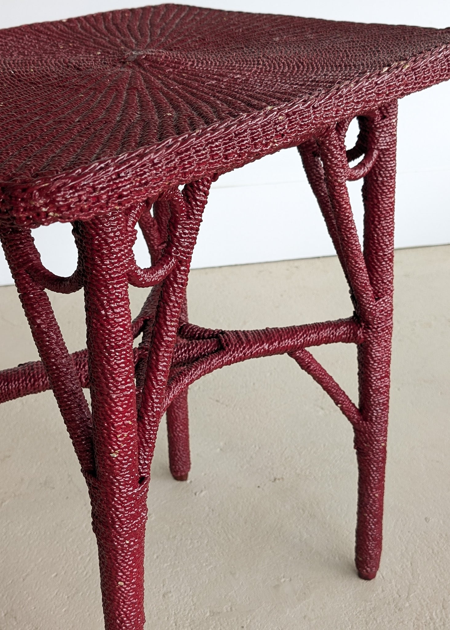 Unique Antique Raspberry-Red Painted Rope and Wicker Side Accent Table