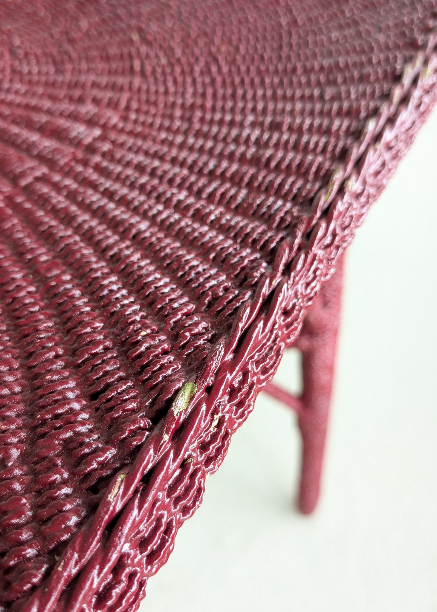 Unique Antique Raspberry-Red Painted Rope and Wicker Side Accent Table