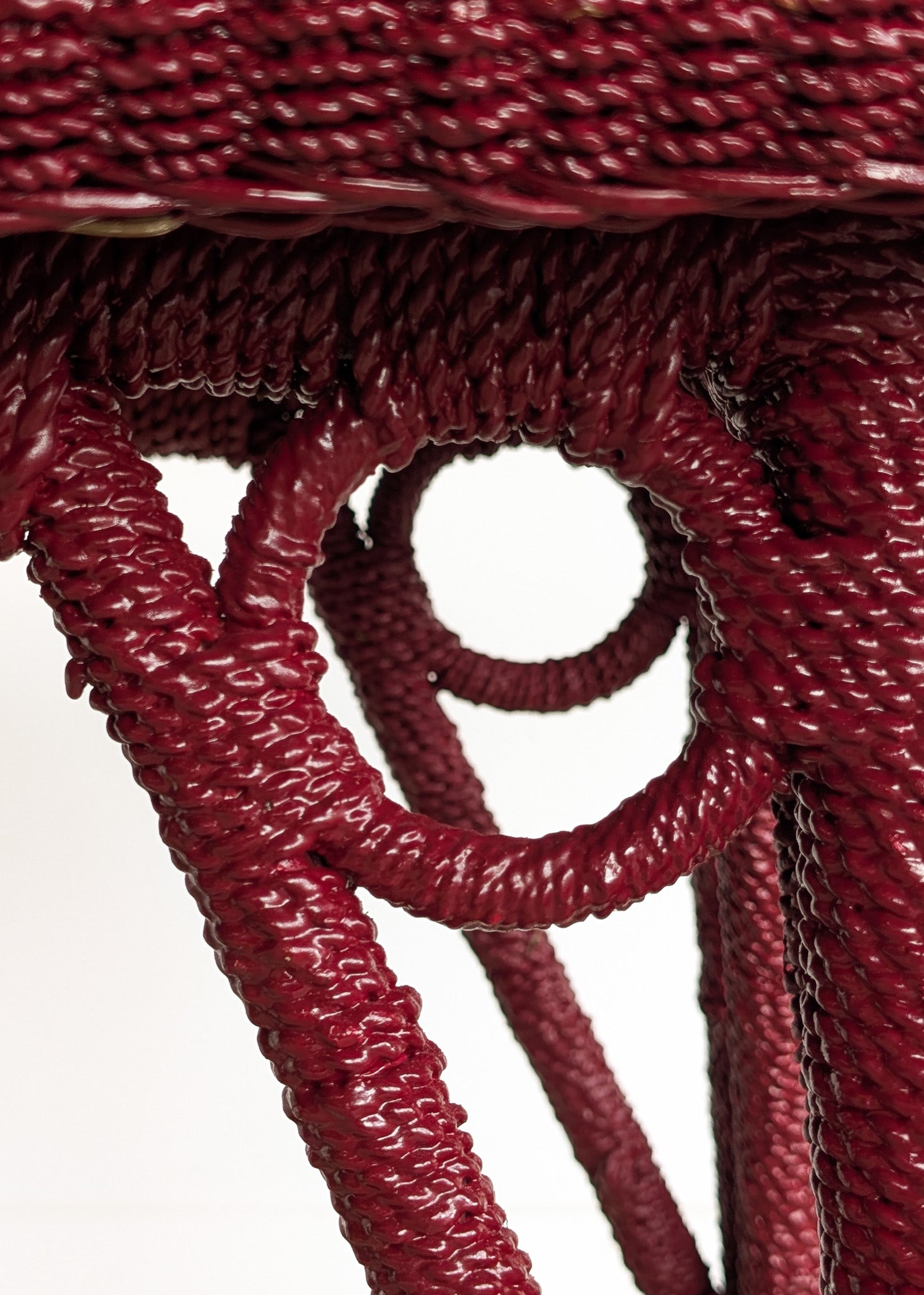 Unique Antique Raspberry-Red Painted Rope and Wicker Side Accent Table