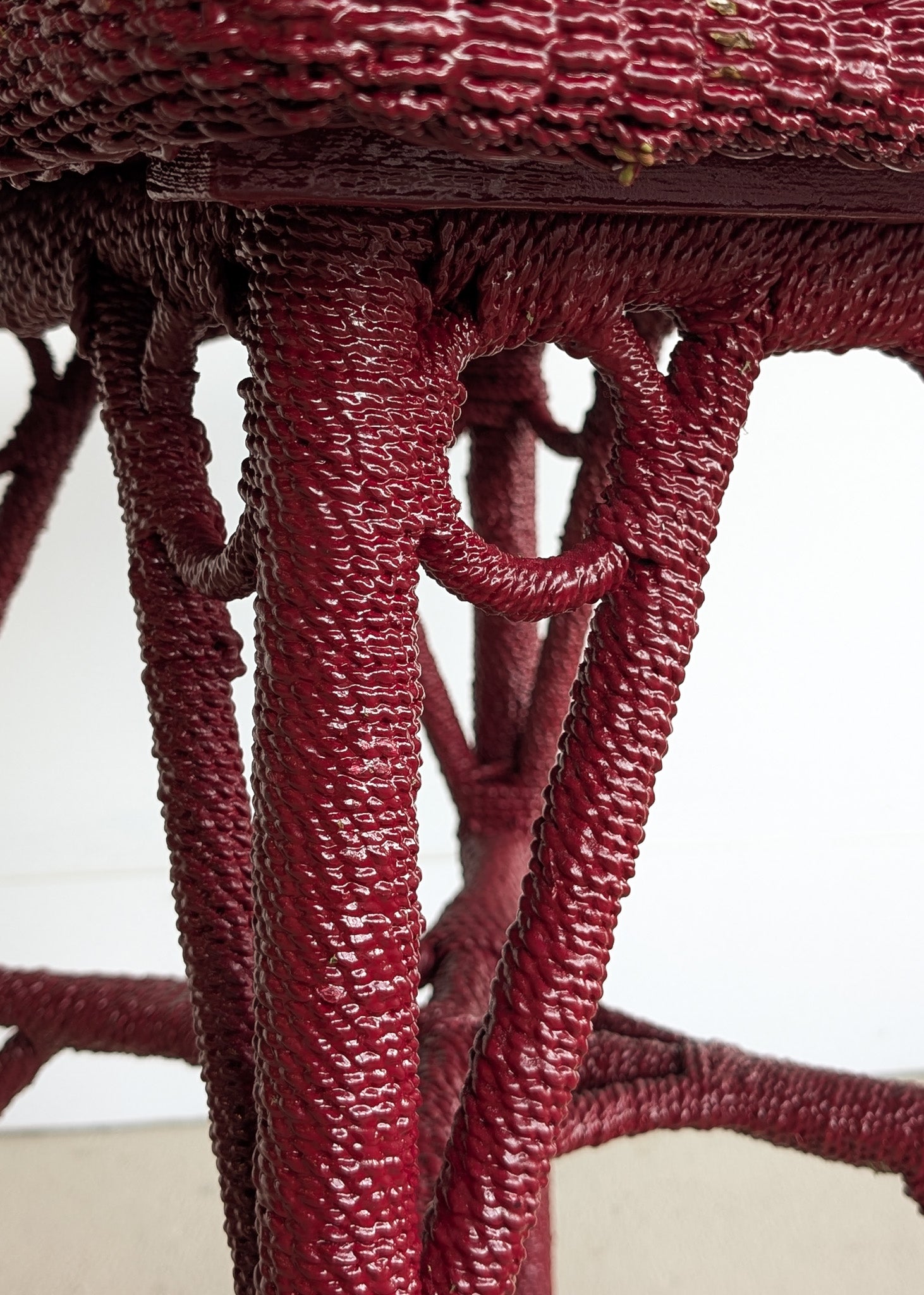 Unique Antique Raspberry-Red Painted Rope and Wicker Side Accent Table