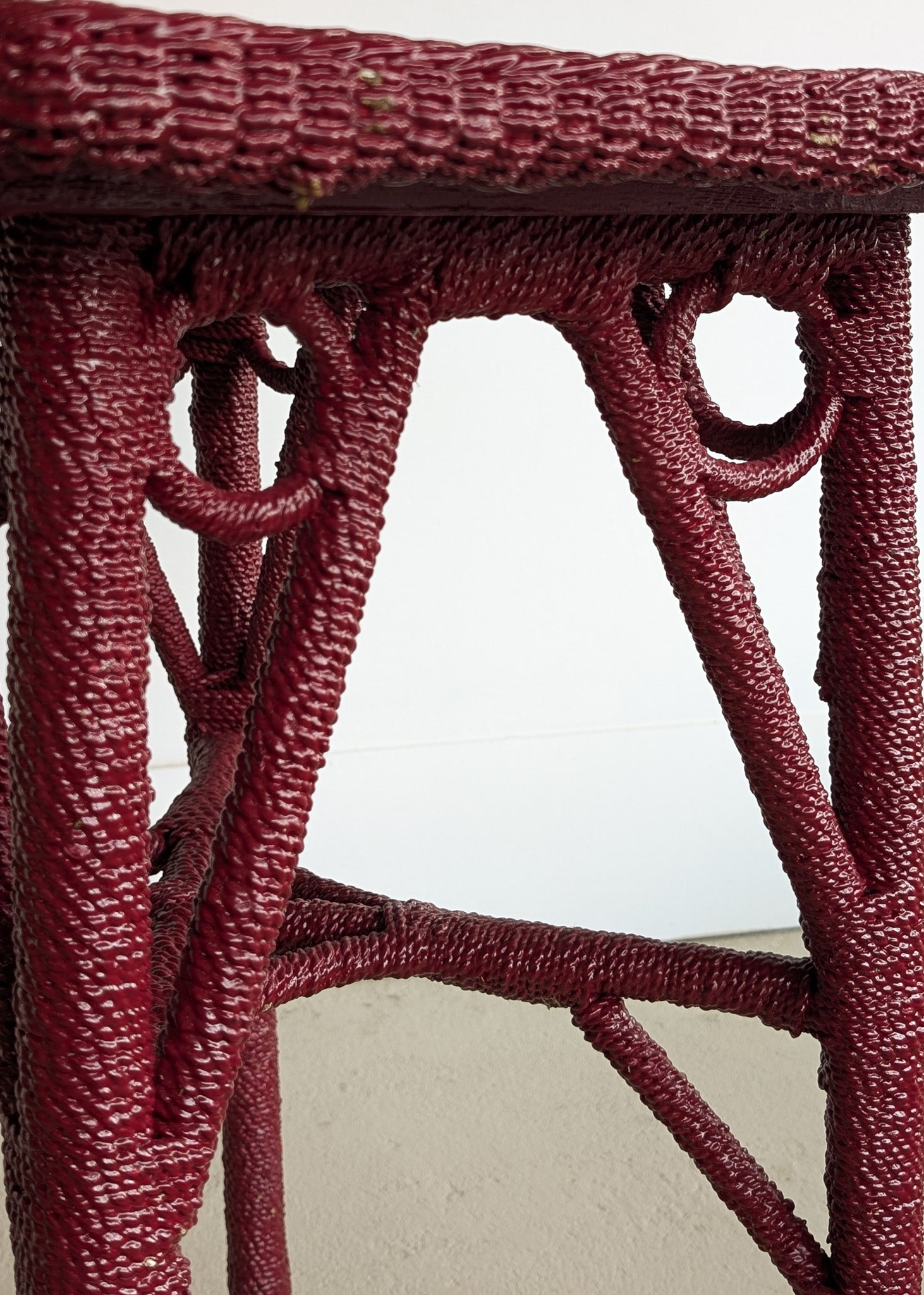 Unique Antique Raspberry-Red Painted Rope and Wicker Side Accent Table