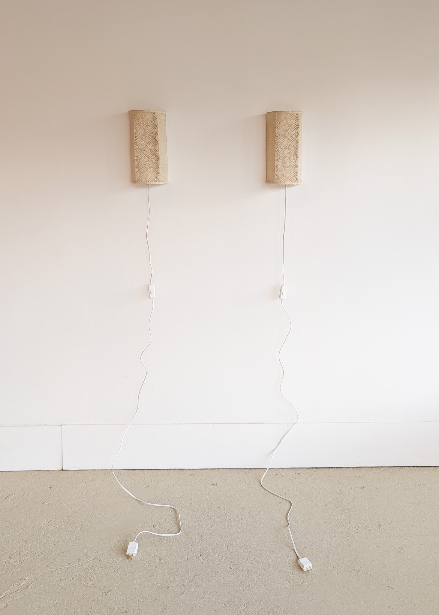 Pair of Vintage Swedish Crocheted and Fabric Plug-In Wall Sconces