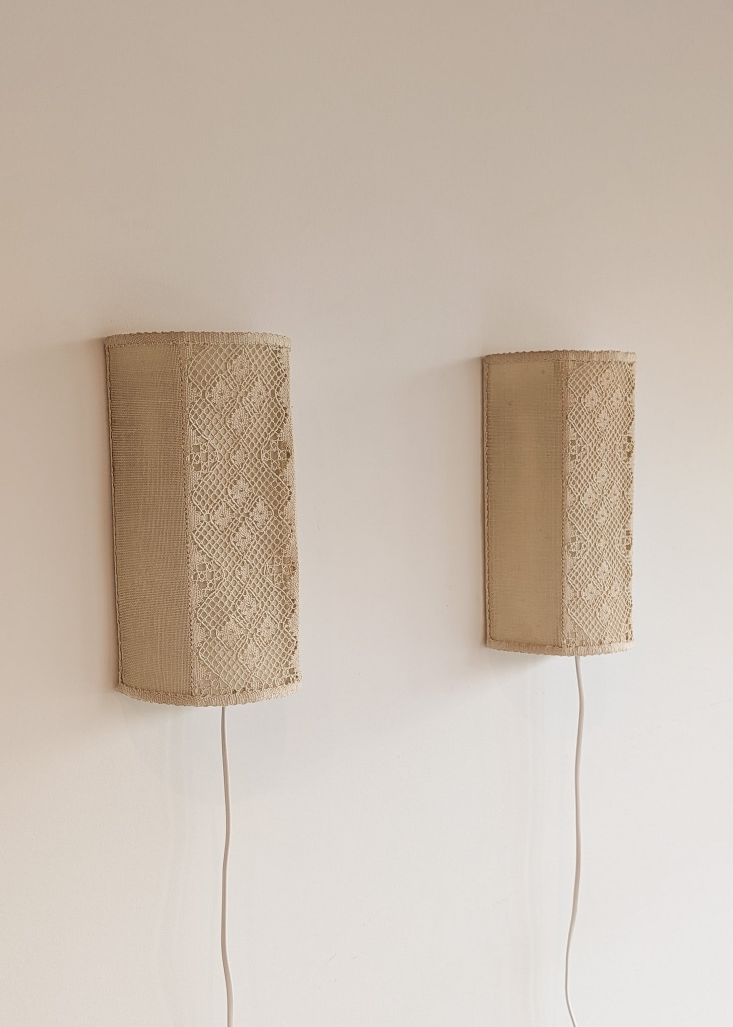 Pair of Vintage Swedish Crocheted and Fabric Plug-In Wall Sconces
