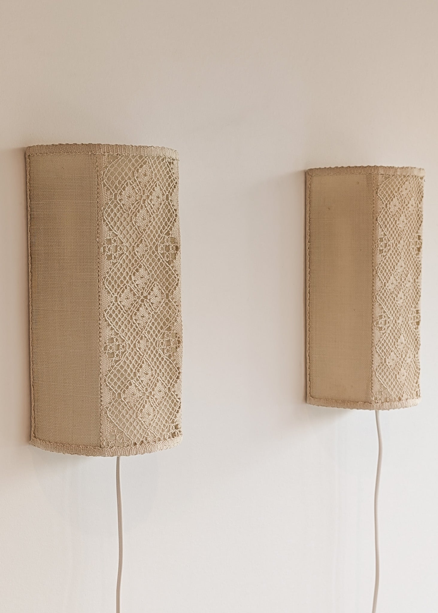 Pair of Vintage Swedish Crocheted and Fabric Plug-In Wall Sconces