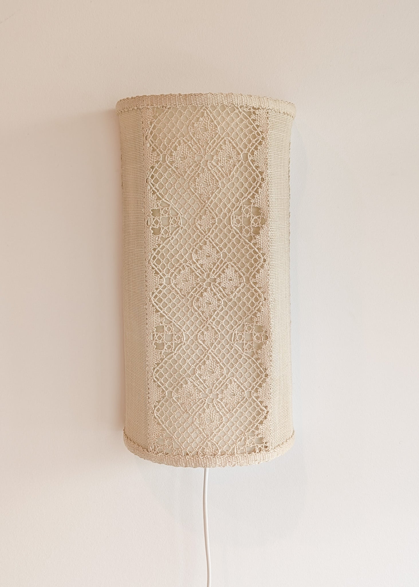 Pair of Vintage Swedish Crocheted and Fabric Plug-In Wall Sconces