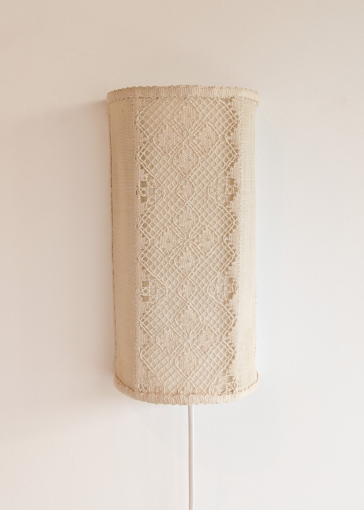 Pair of Vintage Swedish Crocheted and Fabric Plug-In Wall Sconces