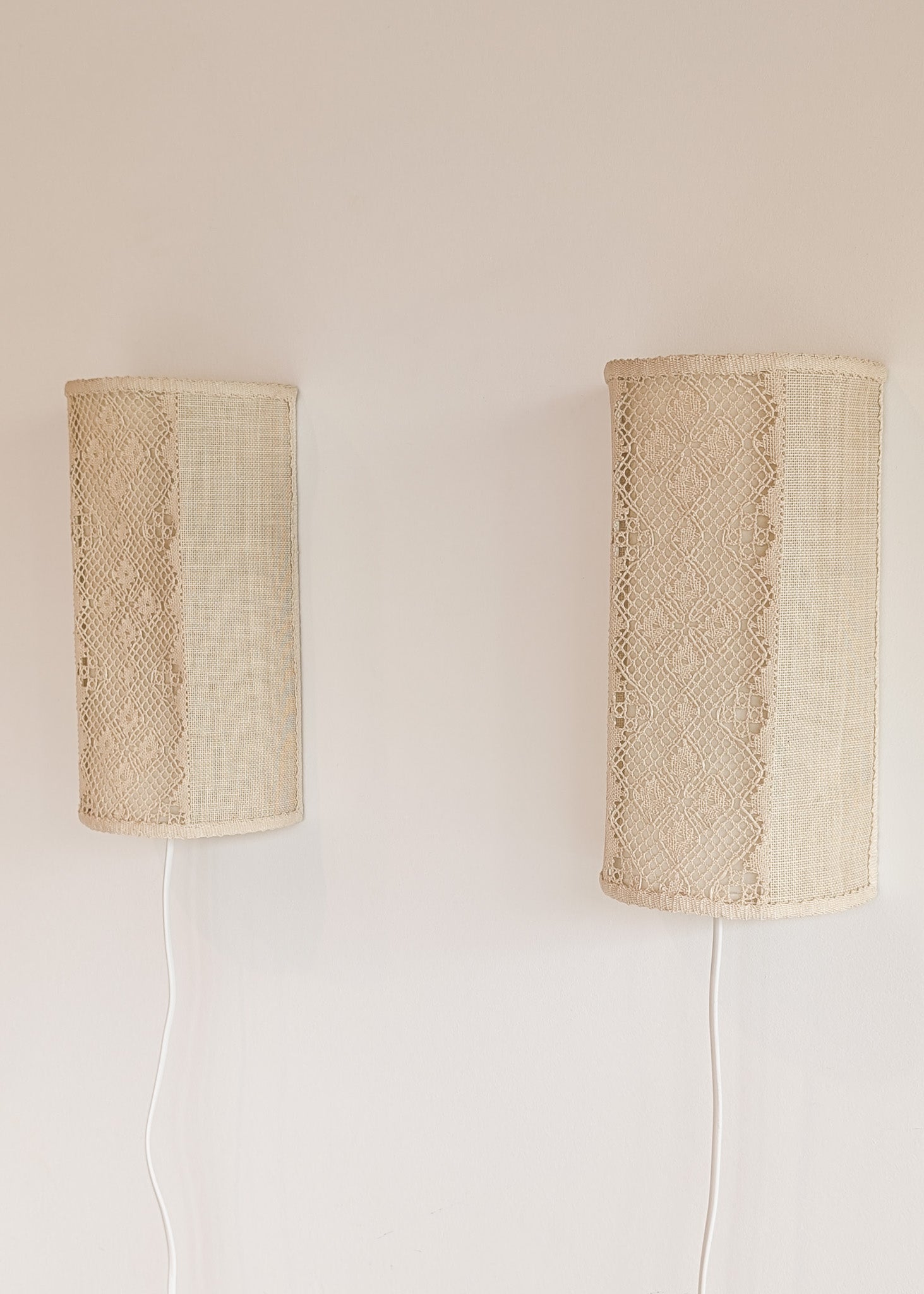 Pair of Vintage Swedish Crocheted and Fabric Plug-In Wall Sconces
