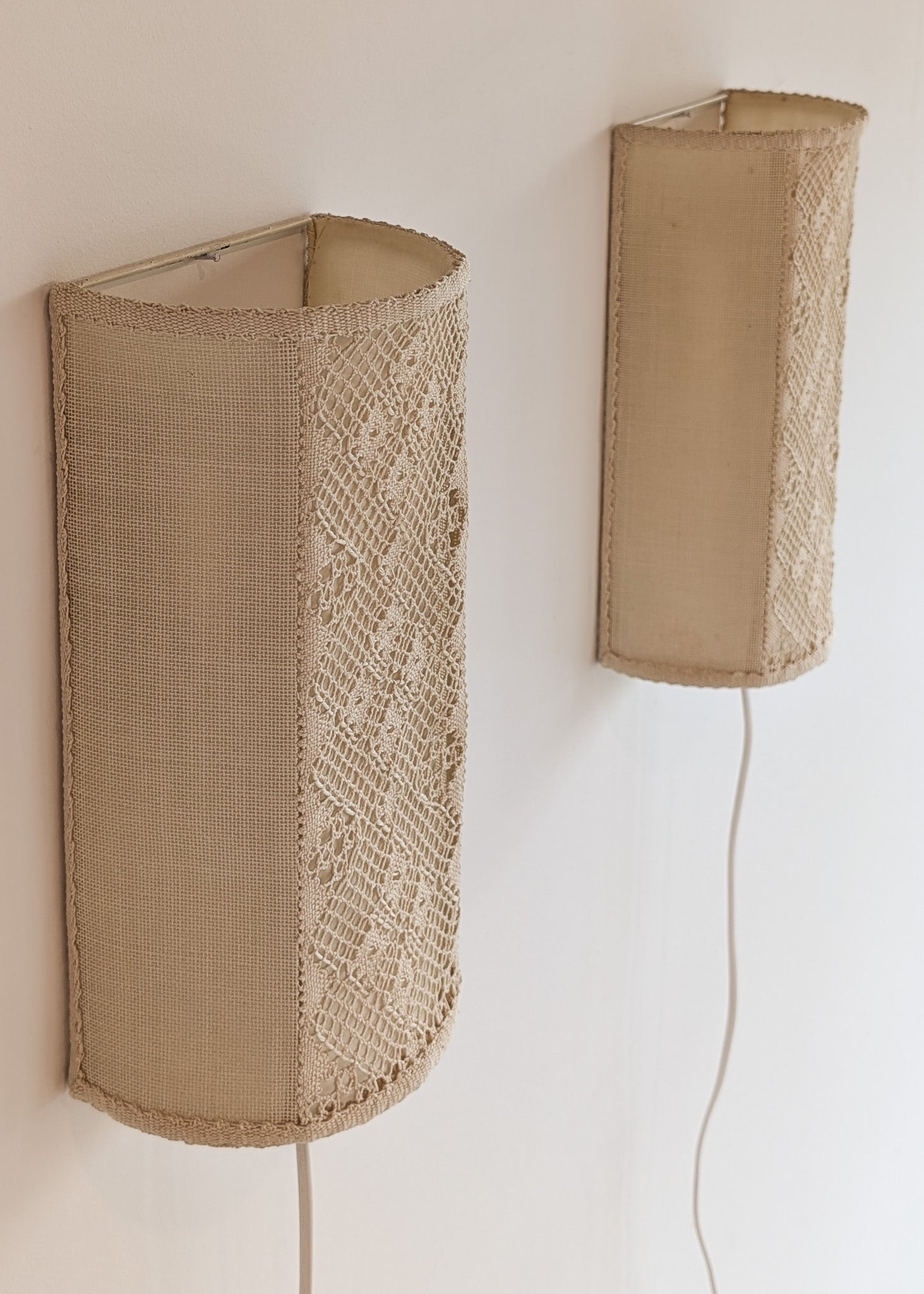 Pair of Vintage Swedish Crocheted and Fabric Plug-In Wall Sconces