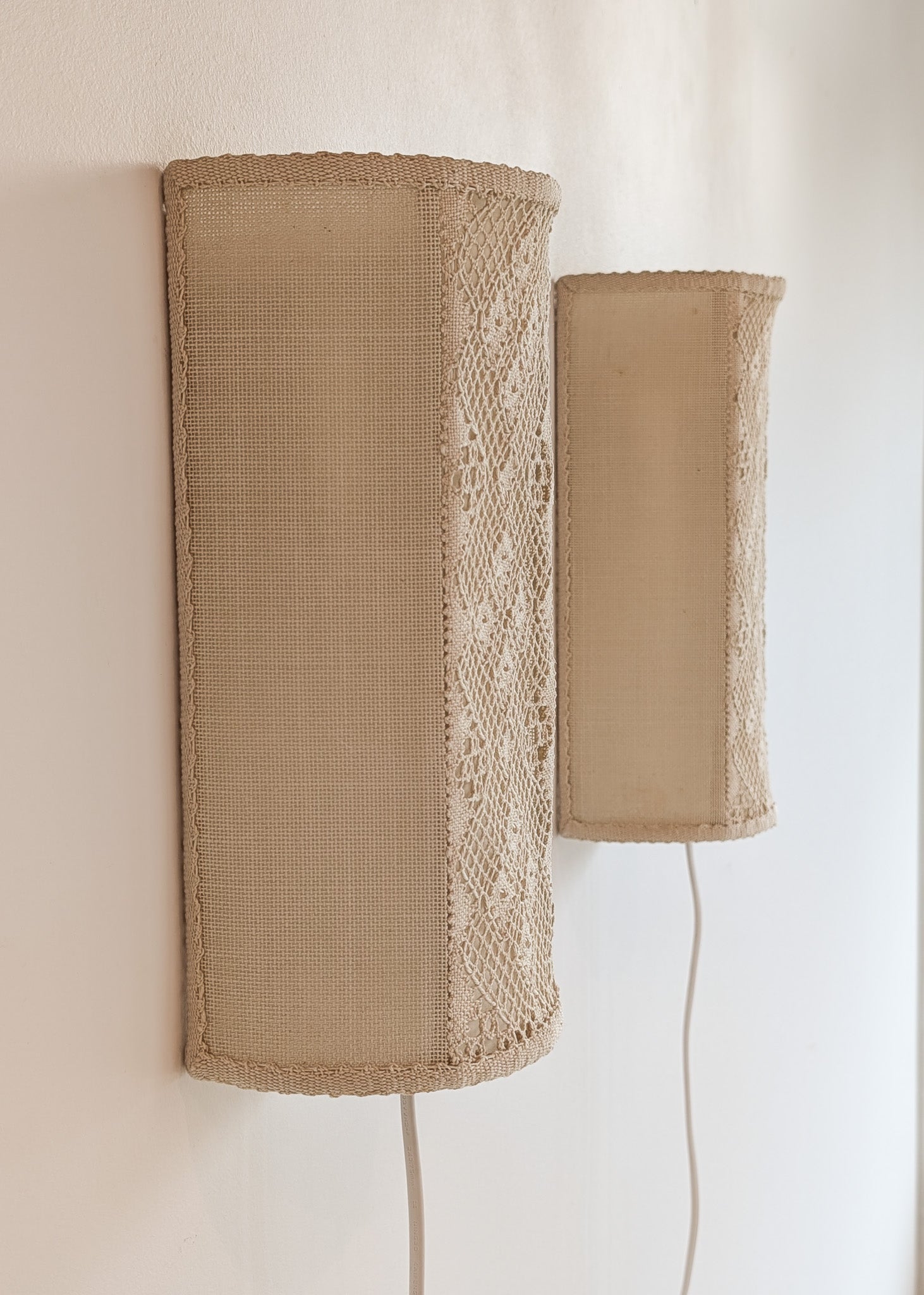 Pair of Vintage Swedish Crocheted and Fabric Plug-In Wall Sconces