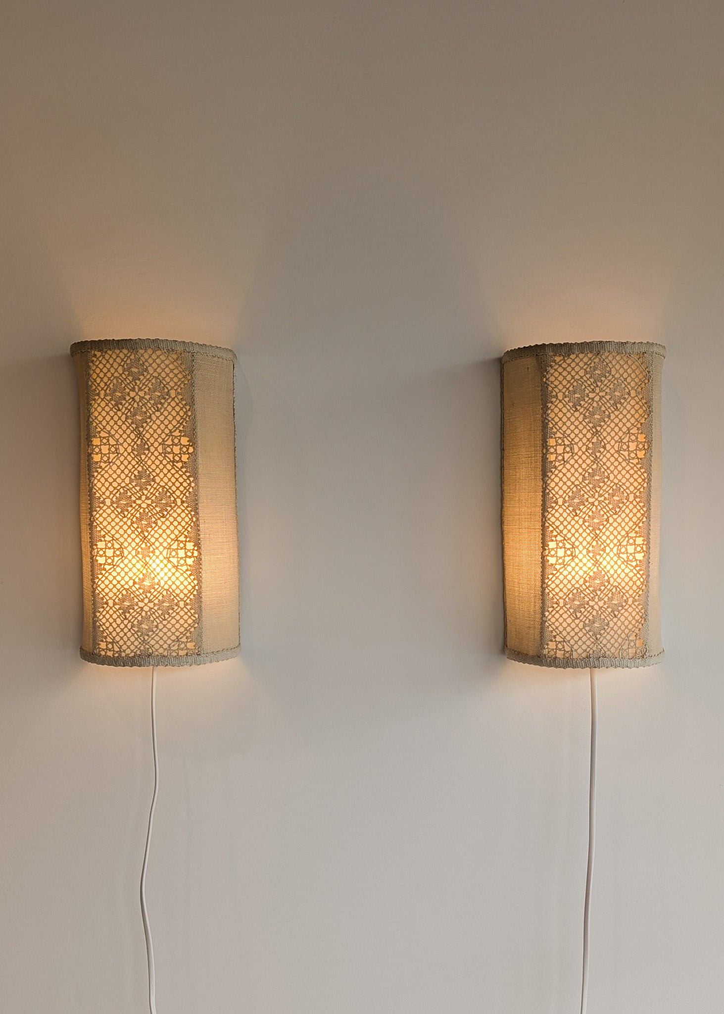 Pair of Vintage Swedish Crocheted and Fabric Plug-In Wall Sconces