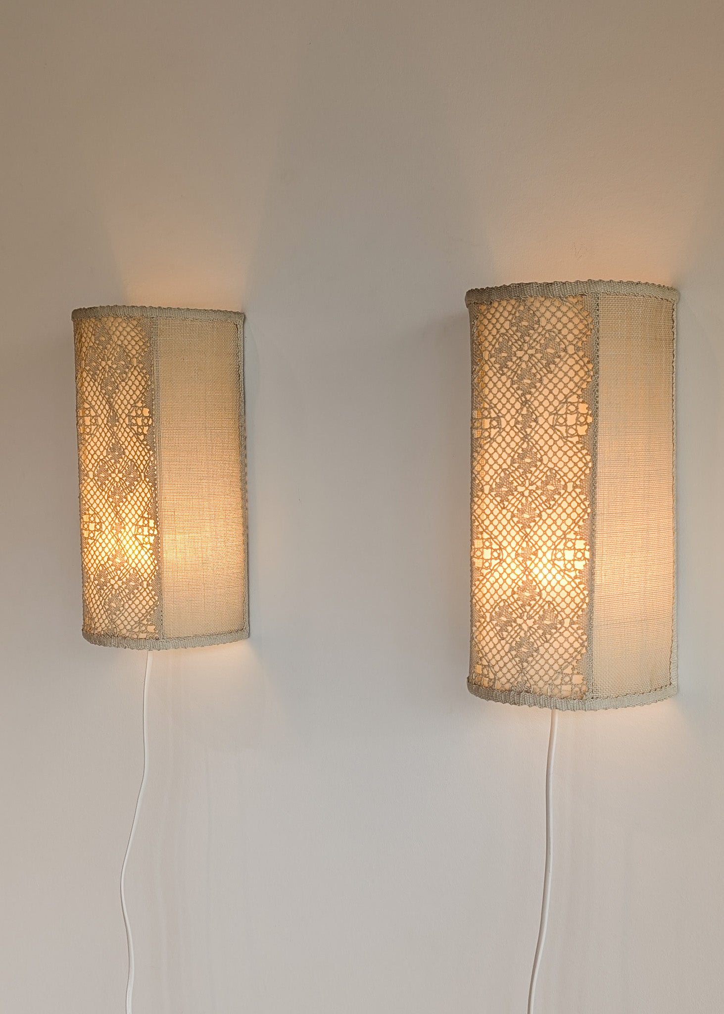 Pair of Vintage Swedish Crocheted and Fabric Plug-In Wall Sconces