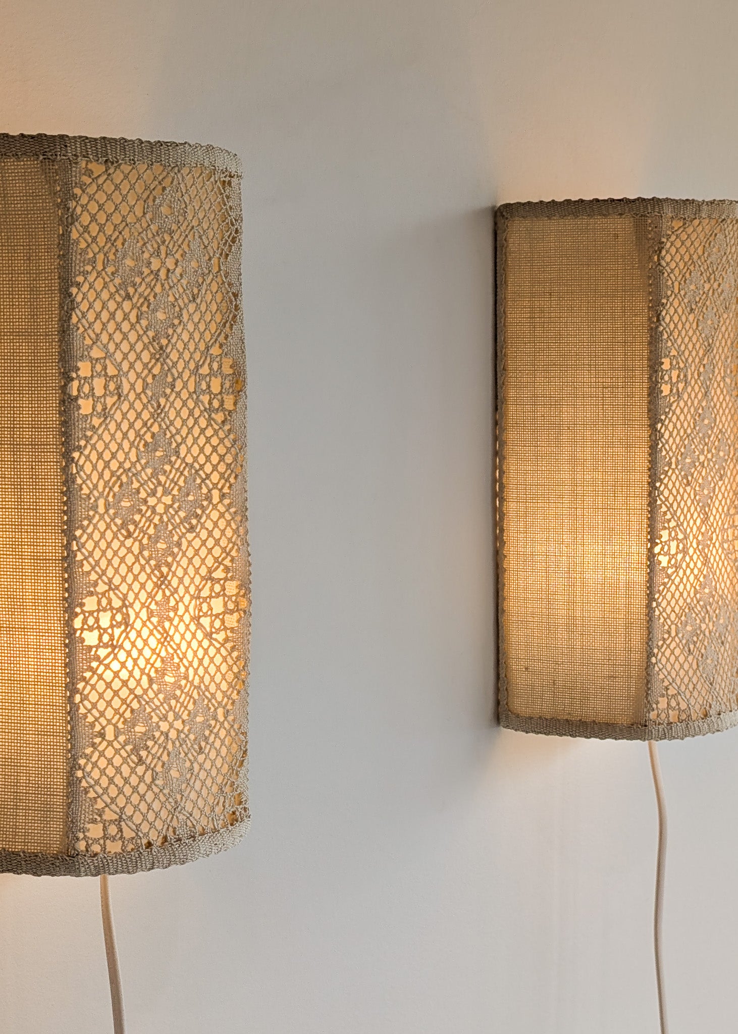 Pair of Vintage Swedish Crocheted and Fabric Plug-In Wall Sconces