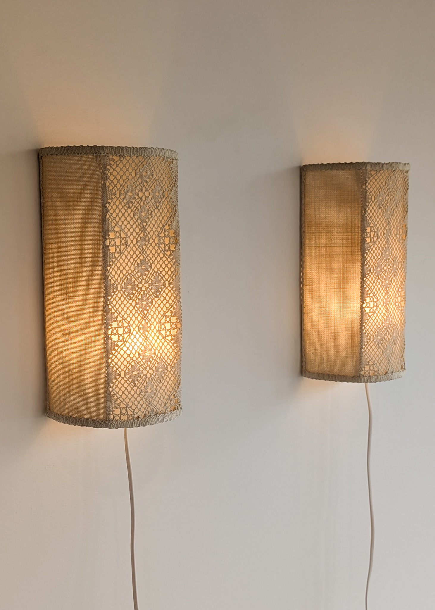 Pair of Vintage Swedish Crocheted and Fabric Plug-In Wall Sconces