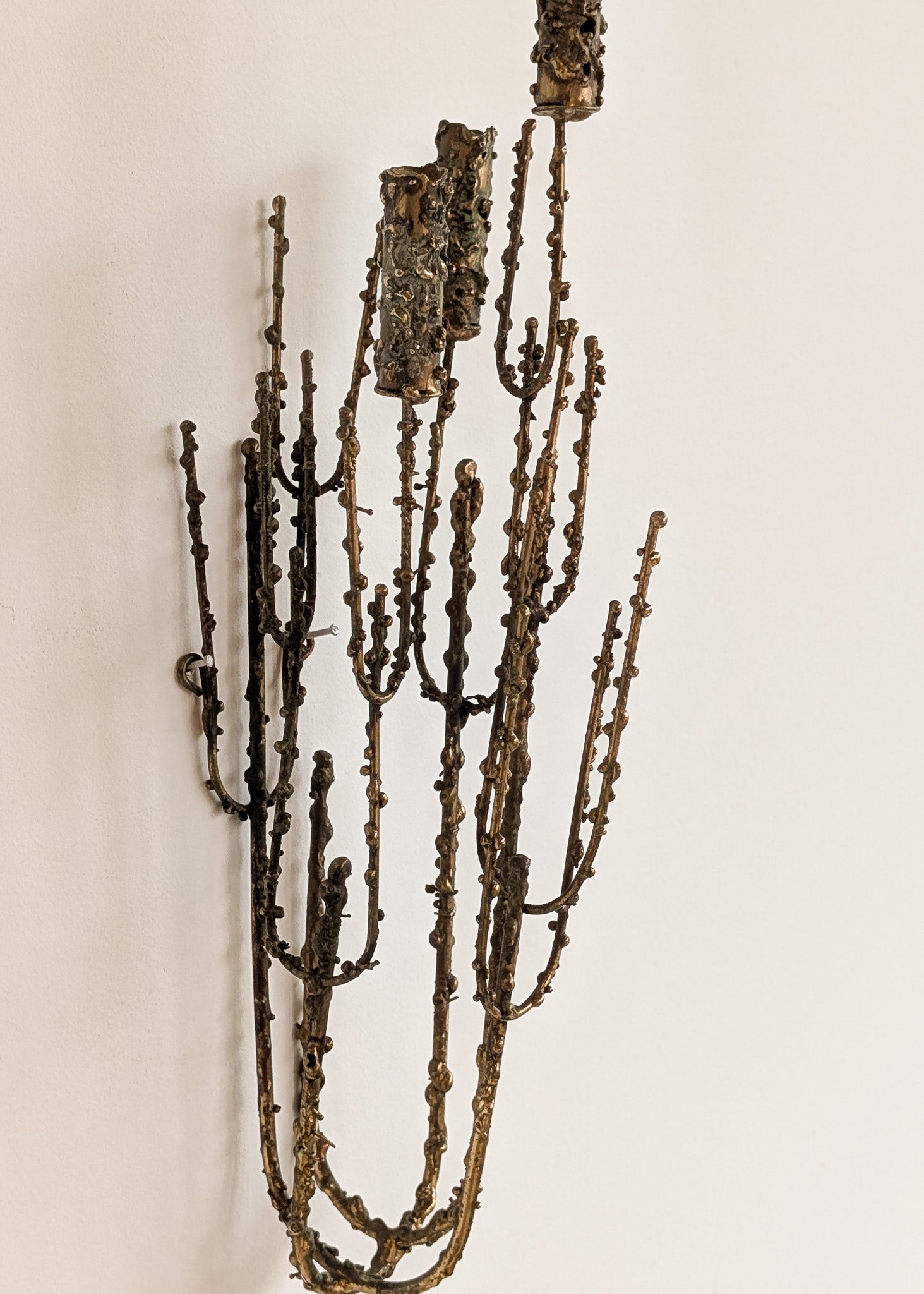 Rare Signed 1968 Curtis Jeré Brutalist Wall Sconce Candelabra with Faux Verdigris Finish