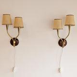 Pair of Rare Vintage Norwegian Brass and Wood Plug-in Wall Sconces with Original Shades