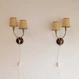 Pair of Rare Vintage Norwegian Brass and Wood Plug-in Wall Sconces with Original Shades