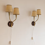 Pair of Rare Vintage Norwegian Brass and Wood Plug-in Wall Sconces with Original Shades
