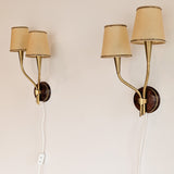 Pair of Rare Vintage Norwegian Brass and Wood Plug-in Wall Sconces with Original Shades