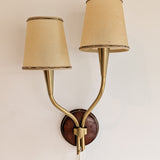 Pair of Rare Vintage Norwegian Brass and Wood Plug-in Wall Sconces with Original Shades