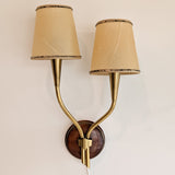 Pair of Rare Vintage Norwegian Brass and Wood Plug-in Wall Sconces with Original Shades