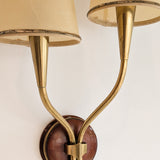 Pair of Rare Vintage Norwegian Brass and Wood Plug-in Wall Sconces with Original Shades
