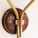 Pair of Rare Vintage Norwegian Brass and Wood Plug-in Wall Sconces with Original Shades