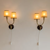 Pair of Rare Vintage Norwegian Brass and Wood Plug-in Wall Sconces with Original Shades