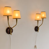Pair of Rare Vintage Norwegian Brass and Wood Plug-in Wall Sconces with Original Shades