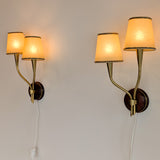 Pair of Rare Vintage Norwegian Brass and Wood Plug-in Wall Sconces with Original Shades