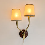 Pair of Rare Vintage Norwegian Brass and Wood Plug-in Wall Sconces with Original Shades