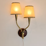 Pair of Rare Vintage Norwegian Brass and Wood Plug-in Wall Sconces with Original Shades