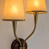 Pair of Rare Vintage Norwegian Brass and Wood Plug-in Wall Sconces with Original Shades