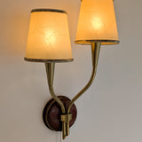 Pair of Rare Vintage Norwegian Brass and Wood Plug-in Wall Sconces with Original Shades