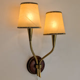Pair of Rare Vintage Norwegian Brass and Wood Plug-in Wall Sconces with Original Shades