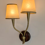 Pair of Rare Vintage Norwegian Brass and Wood Plug-in Wall Sconces with Original Shades