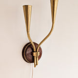 Pair of Rare Vintage Norwegian Brass and Wood Plug-in Wall Sconces with Original Shades
